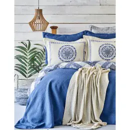 Набор постельное белье с покрывалом + плед Karaca Home - Levni mavi 2020-1 синий евро